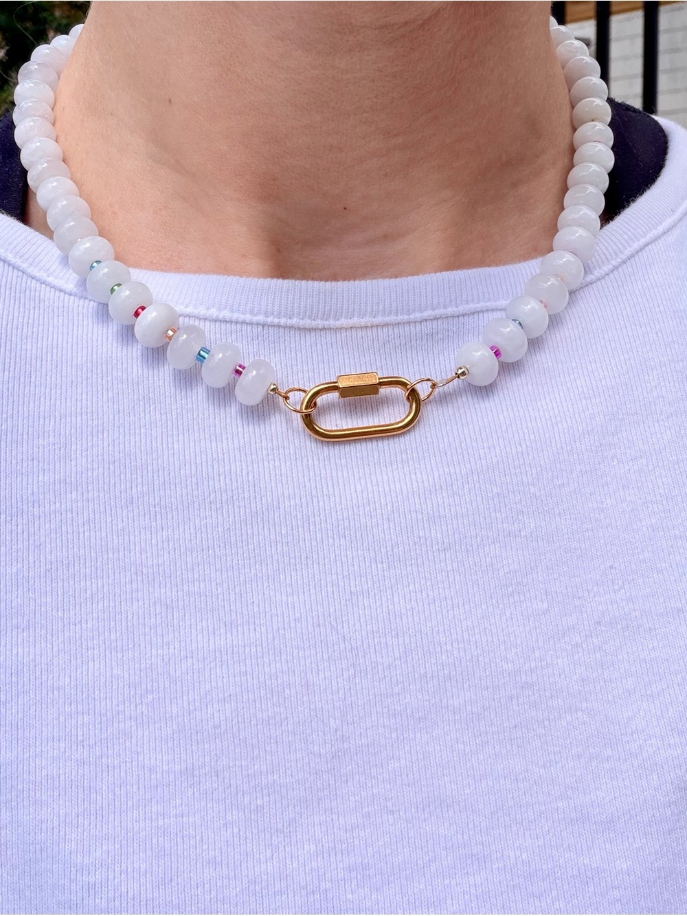 White Beaded Necklace with Gold Clasp - 15”